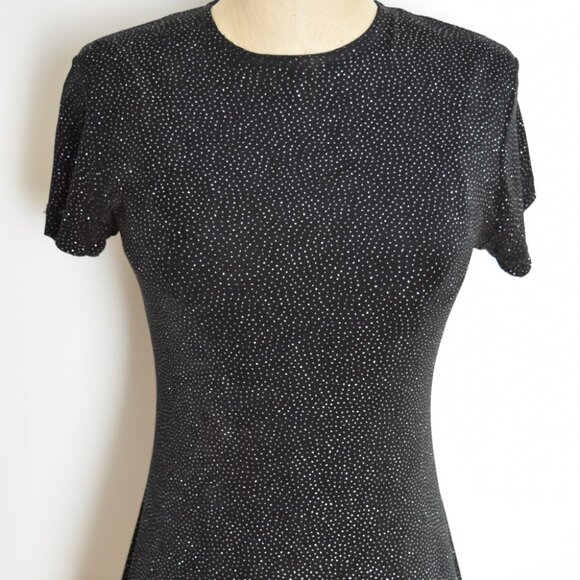 vintage 90s dress black stretch knit sparkle glitter print long maxi party XS S - Picture 3 of 9